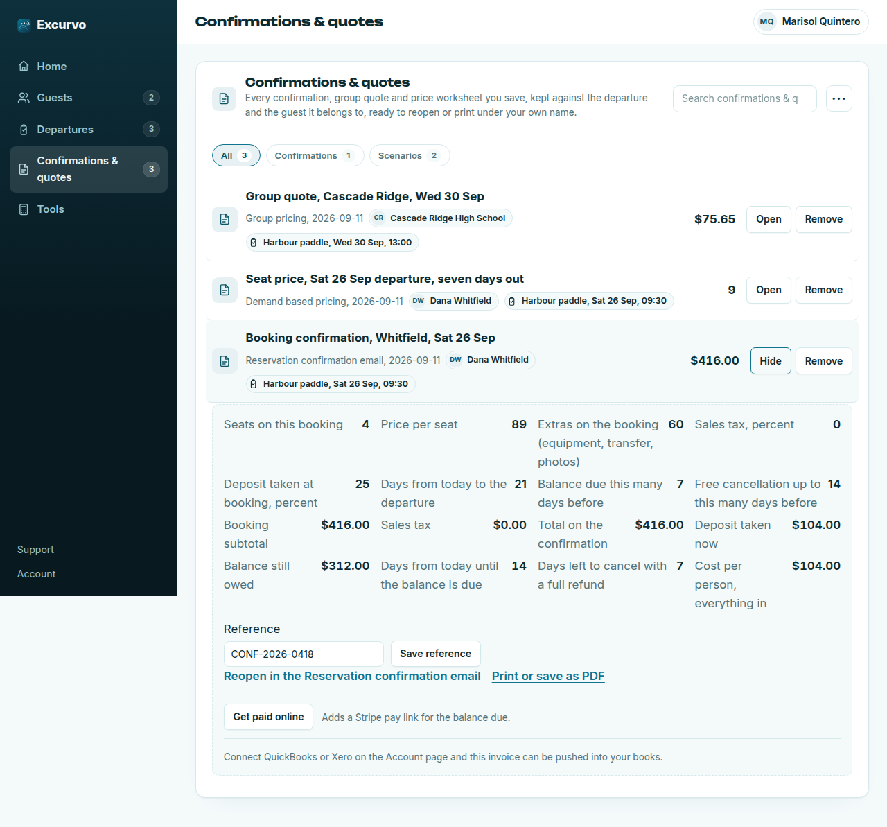 The Excurvo Pro workspace showing a saved booking confirmation for a four-seat harbour kayak departure: $416 total, $104 deposit taken, $312 balance owed and the date it falls due.