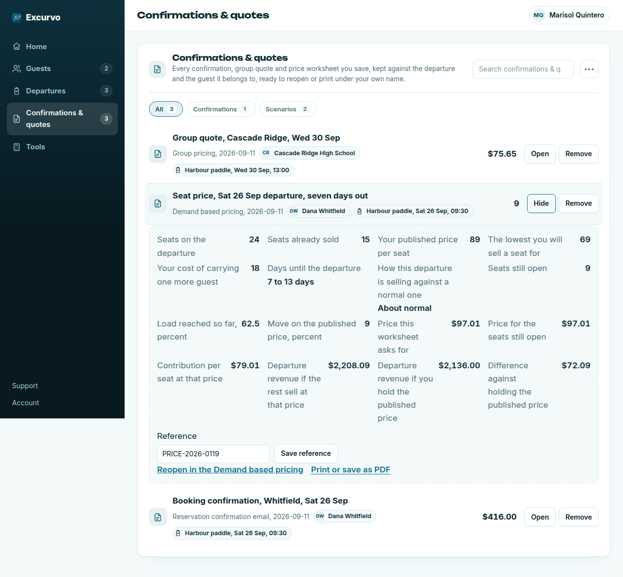 The Excurvo Pro workspace showing a saved seat price worksheet for a 24 seat departure with 15 sold, seven days out: 62.5 percent load and a $97 price on the nine seats still open.