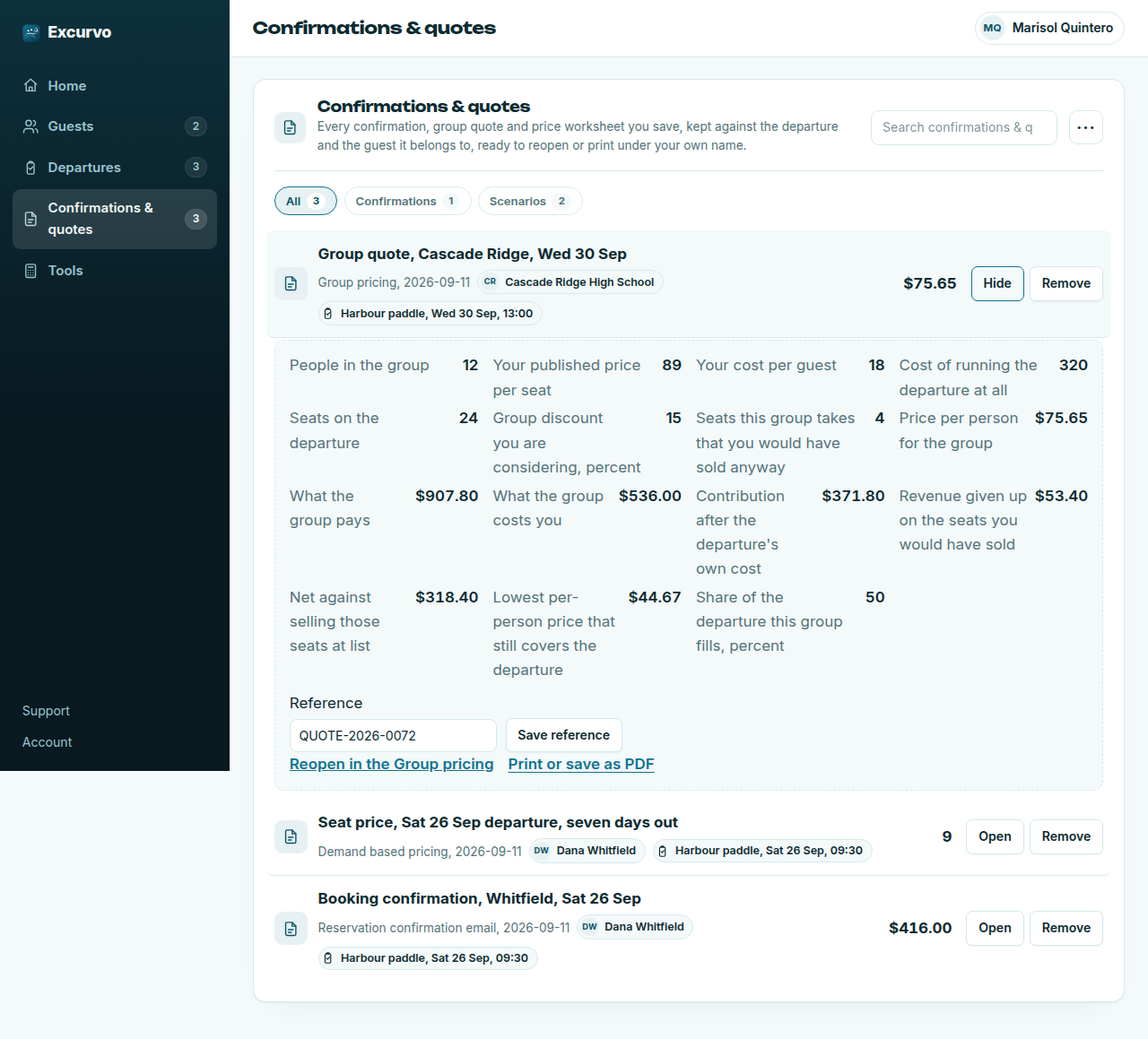 The Excurvo Pro workspace showing a saved group quote for twelve people at $75.65 a head, with the displaced-seat cost and the $44.67 breakeven price alongside it.